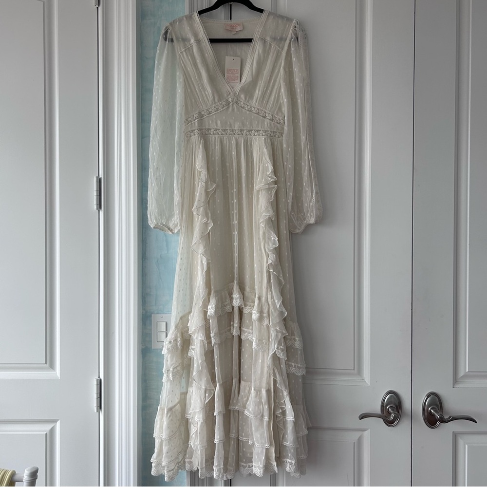 Rococo Sand Cream Ruffled Tiered Gown with Bishop Sleeves